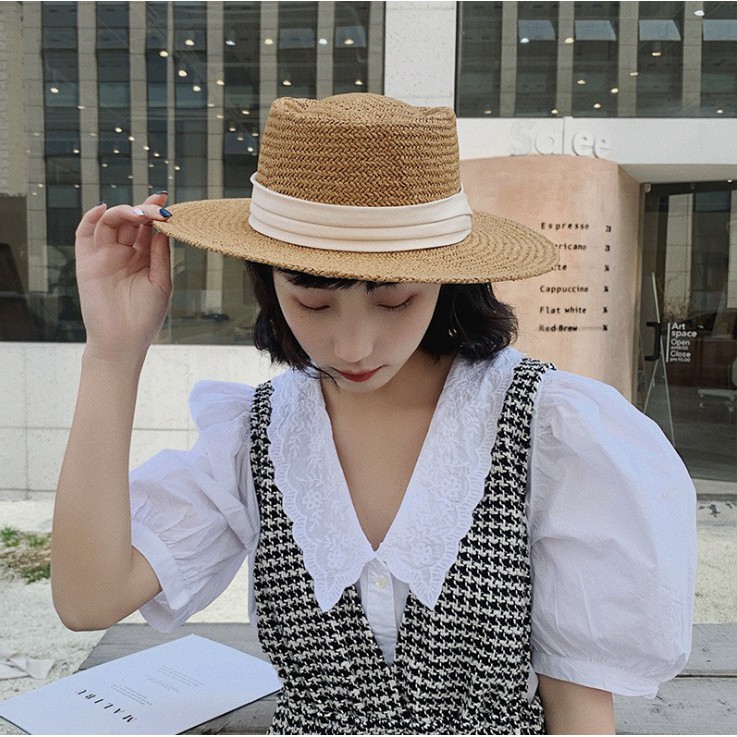 Mũ rơm vành rộng có dây màu trắng thời trang nữ tính mùa hè