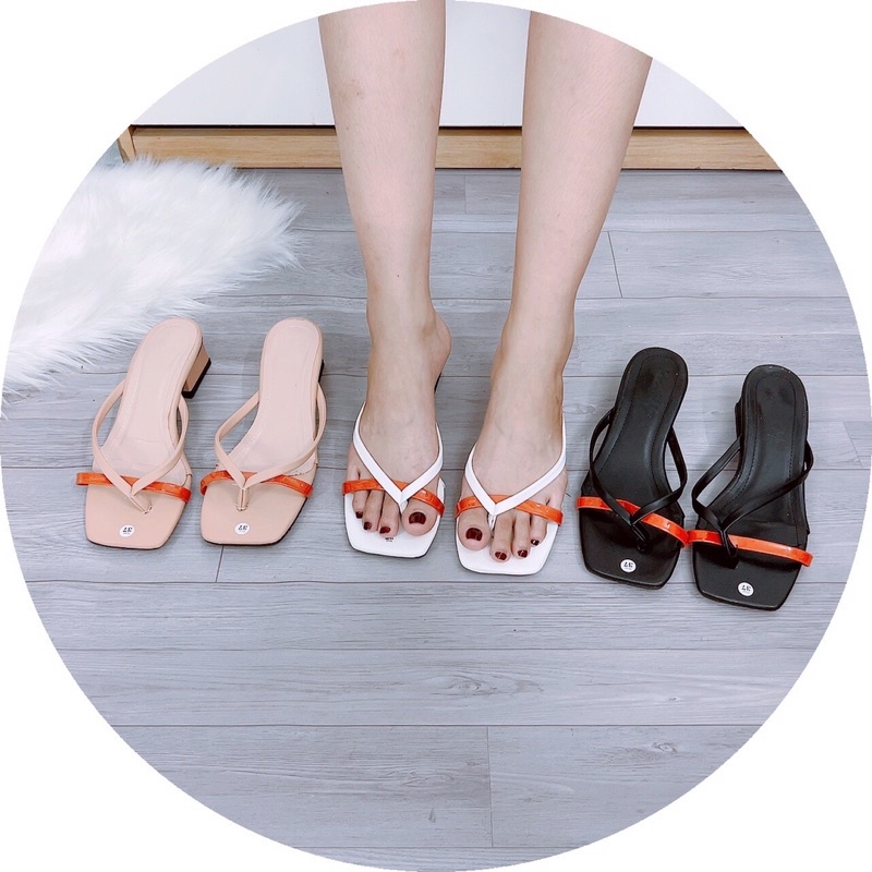 Dép nữ cao gót xỏ ngón quai ngang màu cam gót vuông 4cm mới độc lạ