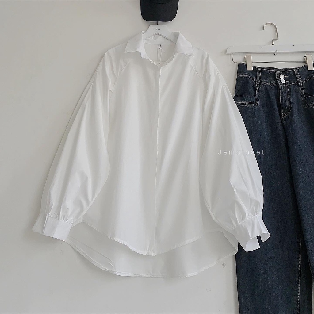 Áo Sơ Mi Trắng Nữ Tay Phồng JEM CLOSET Áo Sơ Mi Nữ Form Rộng DAR Thiết Kế Đuôi Tôm Dễ Mix Đồ Diện Lên Siêu Xinh 1450