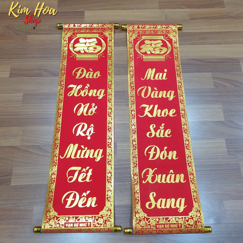Đôi Liễn & Cặp Liễn & Câu Đối vải nhung đỏ chữ vàng Chúc Mừng Năm Mới & Câu Thơ & Câu Đối đỏ đón TẾT với 2 kích thước