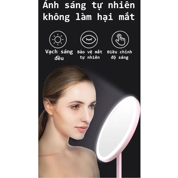 Gương tròn trang điểm để bàn có đèn LED, Đèn bàn cảm ứng 3 cấp độ ánh sáng, Cáp sạc USB