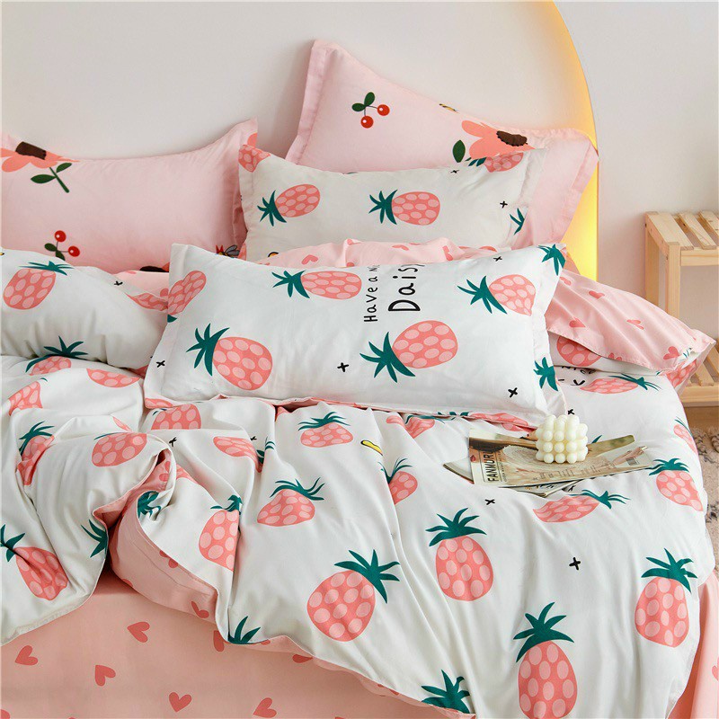 Bộ chăn ga gối poly cotton HQ Quả dứa, quả thơm đáng yêu nhập khẩu cao cấp - Bo chun ga miễn phí