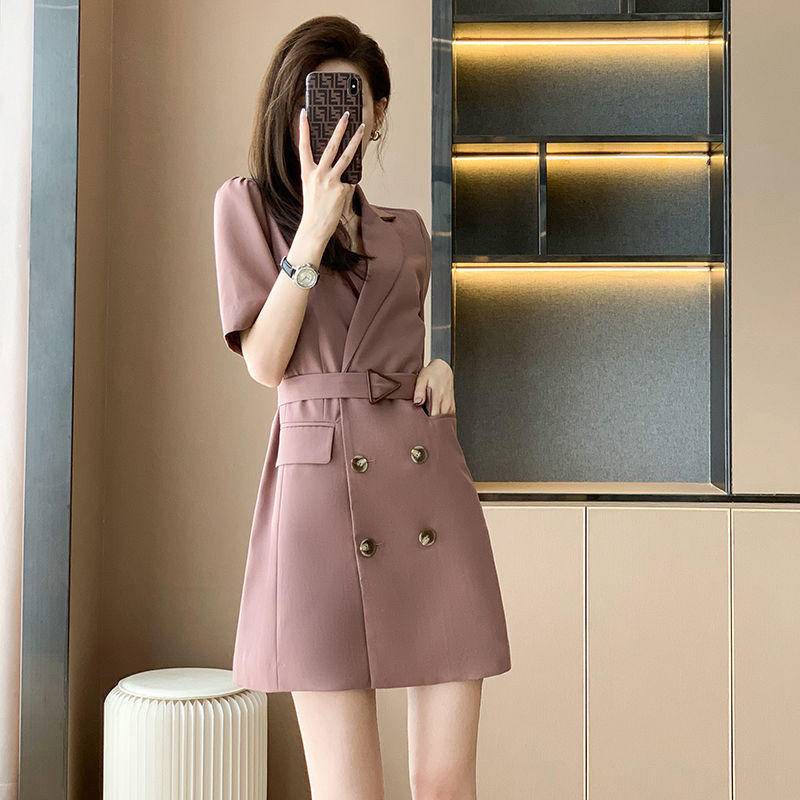 Đầm Ngắn Tay Ngắn Ôm Eo Cài Hai Hàng Nút Phong Cách Pháp Thời Trang Mùa Hè Hàng Mới