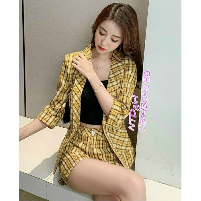 Hàng nhập - Set bộ vest nữ lụa kẻ caro xinh xắn, sét đồ thời trang blazer công sở hay đi chơi đều xinh