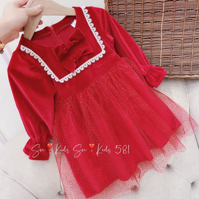 [Váy Noel, Tết] Váy nhung đỏ phối von phồng kèm nơ tóc công chúa cho bé gái (8-22kg)