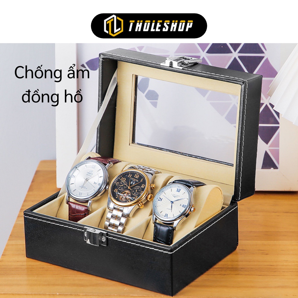 Hộp đựng đồng hồ 3 ngăn da PU có kính trong suốt - Hộp bảo quản đồng hồ cao cấp mặt kính chống ẩm cho đồng hồ