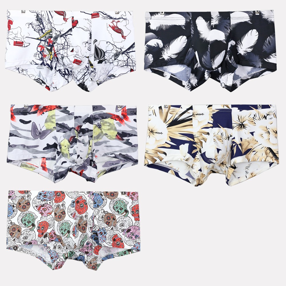 Quần Lót Boxer seluar Dalam seluar Bằng Lụa Lạnh Co Giãn Thoáng Khí In Họa Tiết Cho Nam