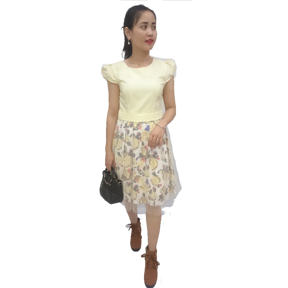 Đầm xoè vintage đẹp, họa tiết Cách điệu, Màu vàng chanh, Tay ngắn, Cổ tròn, phong cách và cá tính