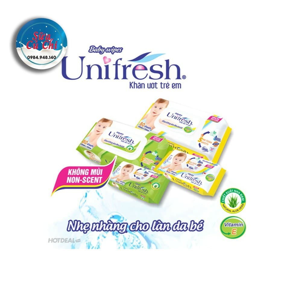 Khăn ướt em bé Unifresh Vitamin E và Nha đam 80 tờ/khăn ướt diệt khuẩn All clean