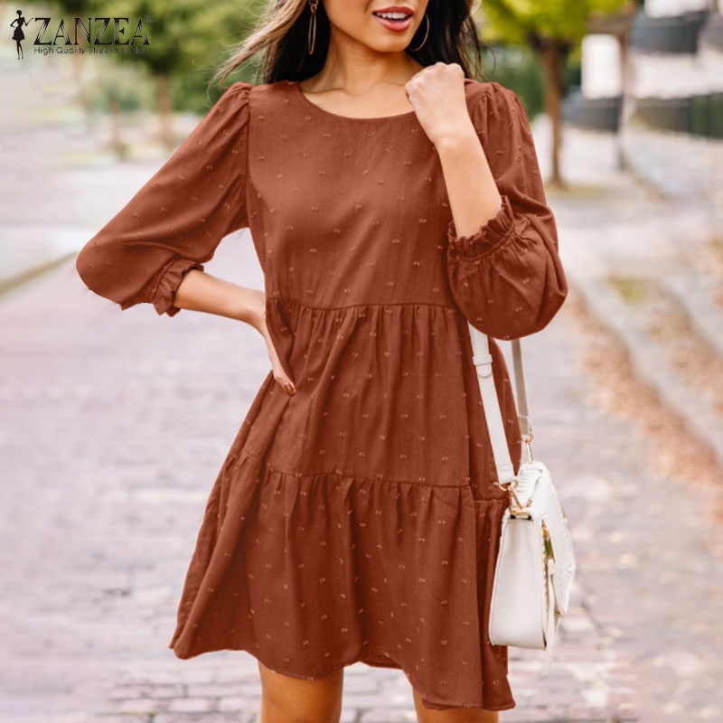 Đầm mini ZANZEA buộc dây sau lưng dáng rộng cổ tròn màu trơn cho nữ