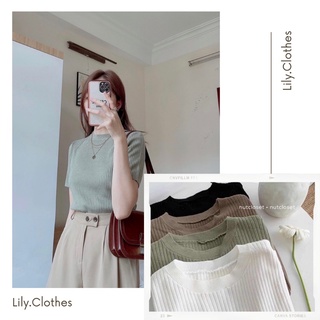 Áo len Mongtoghi cộc tay cổ tròn gân dọc