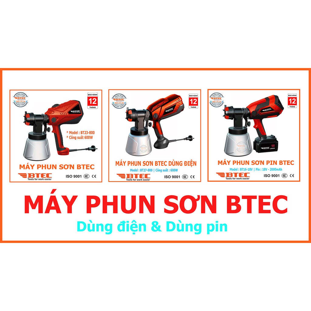 Máy phun sơn pin BTEC, Máy phun sơn pin sạc, máy phun sơn cầm tay dùng pin, máy phun sơn dùng pin 18V