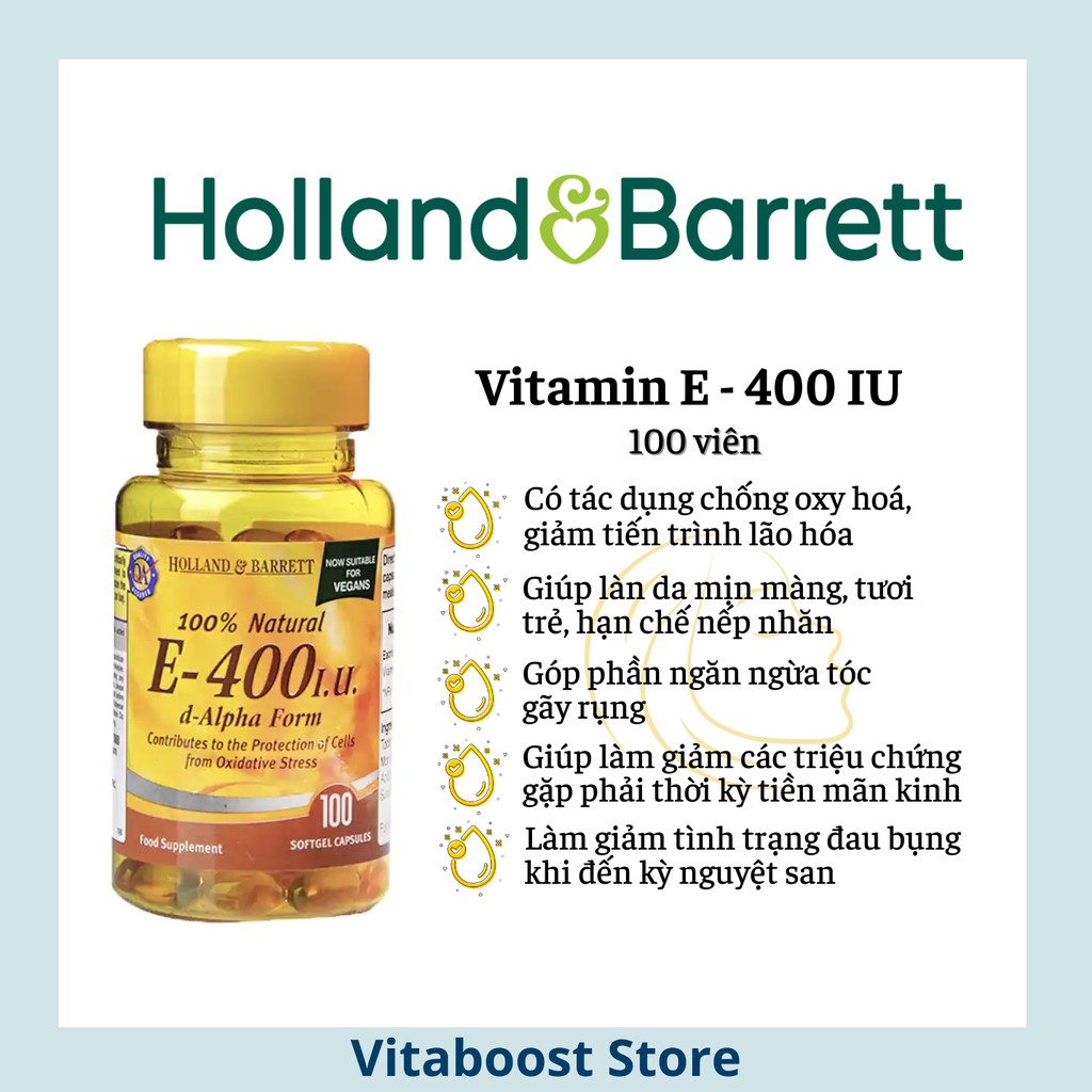 Vitamin E tự nhiên 400 IU 100 viên chính hãng Holland Barrett Anh