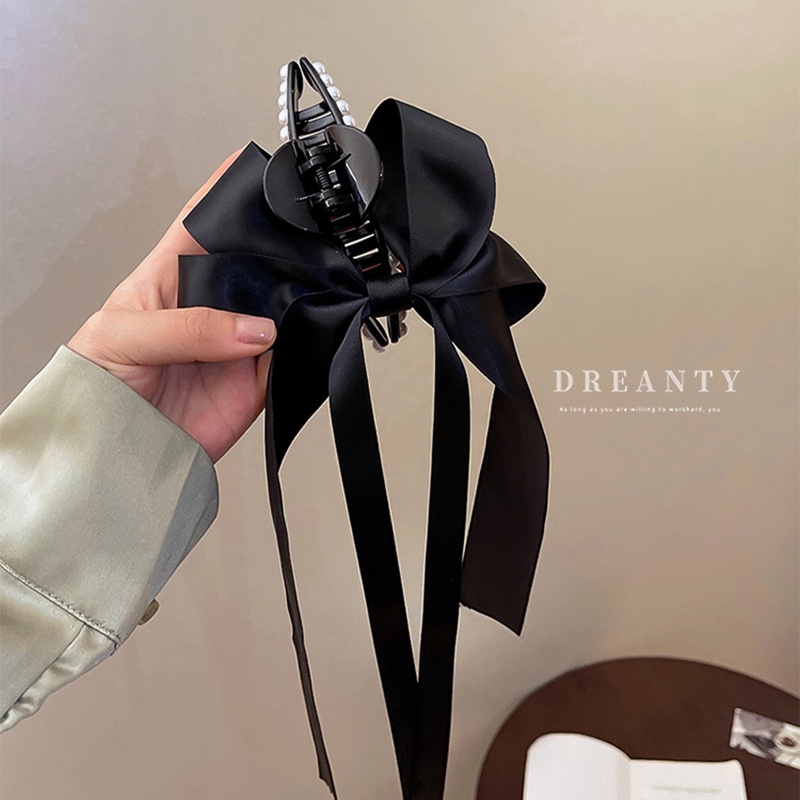 Kẹp Tóc Nơ Ruy Băng Đính Ngọc Trai Thiết Kế Đơn Giản Độc Đáo Phong Cách Hàn Quốc
