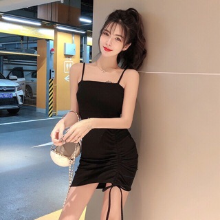 Đầm body 2 dây dây rút bên