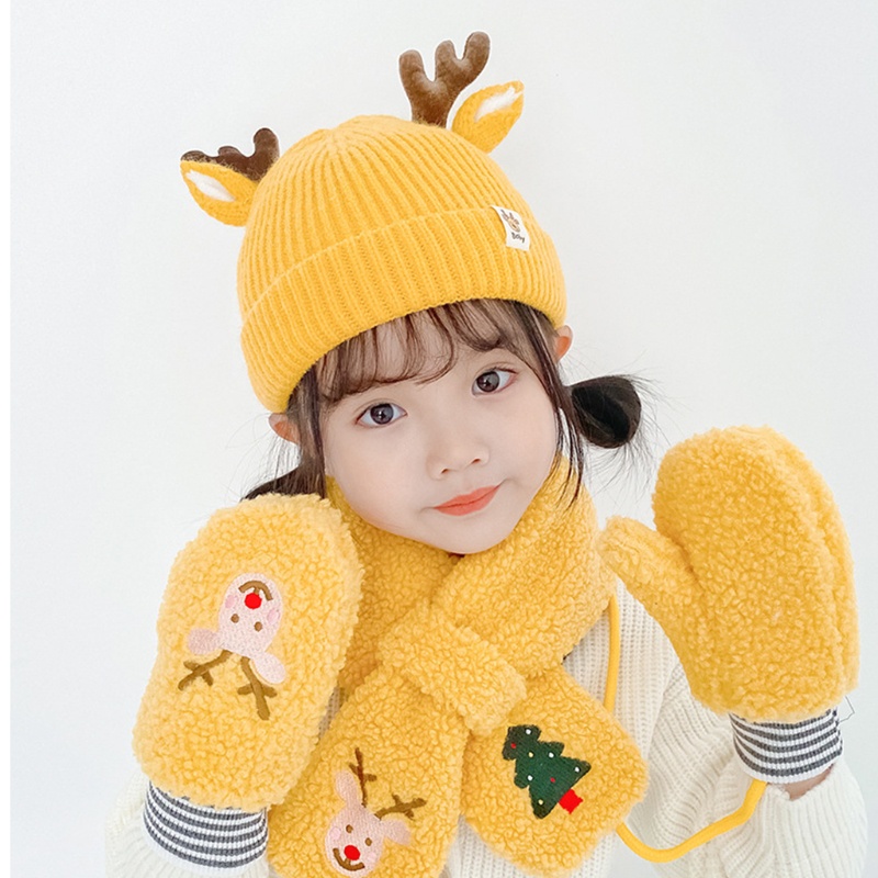 Bộ 3 Món Mũ beanie + Găng Tay + Khăn Choàng + Khăn Choàng + Mũ Họa Tiết Hoạt Hình Giữ Ấm Mùa