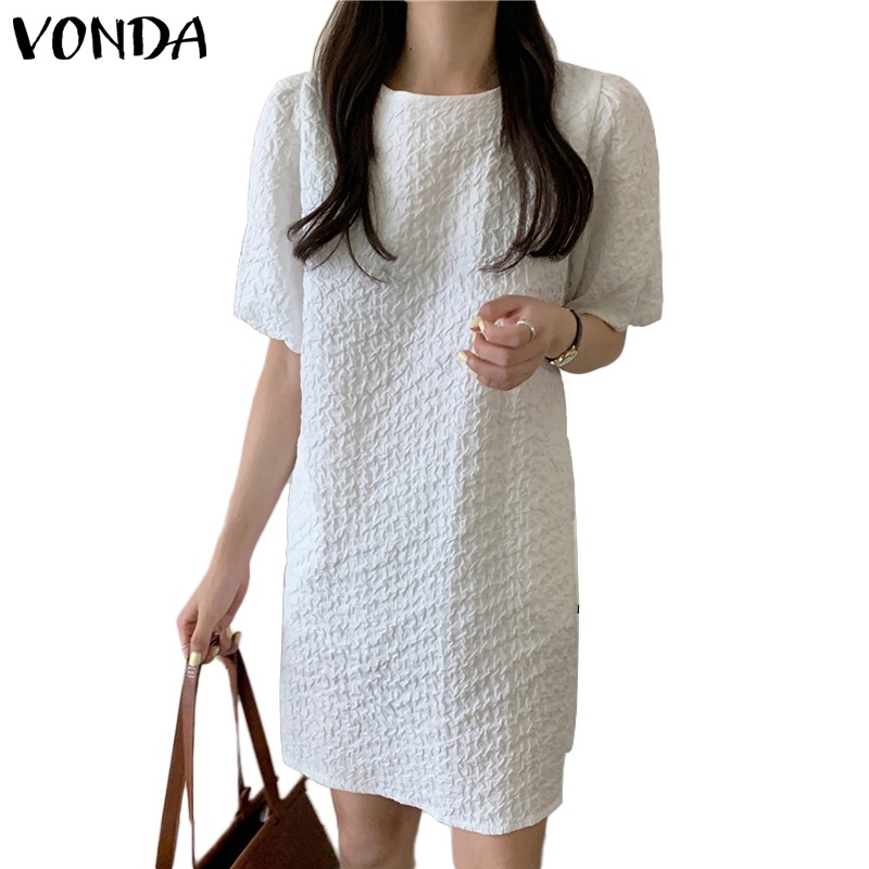 Đầm lửng VONDA tay ngắn cổ tròn phong cách Hàn Quốc thời trang mùa hè sành điệu dành cho nữ