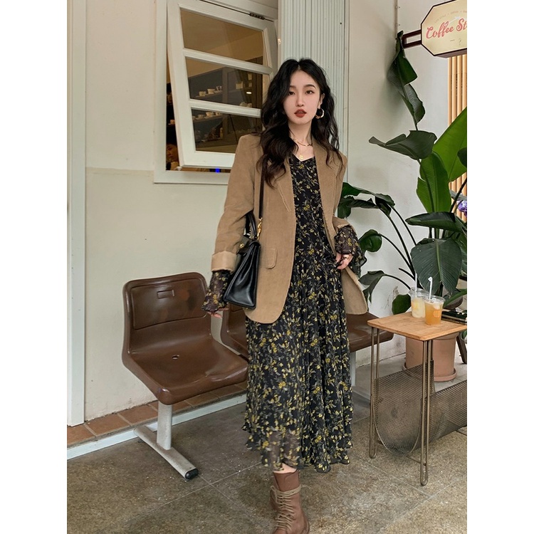 Đầm tay dài cổ chữ v họa tiết hoa phong cách retro thanh lịch nữ tính 46677