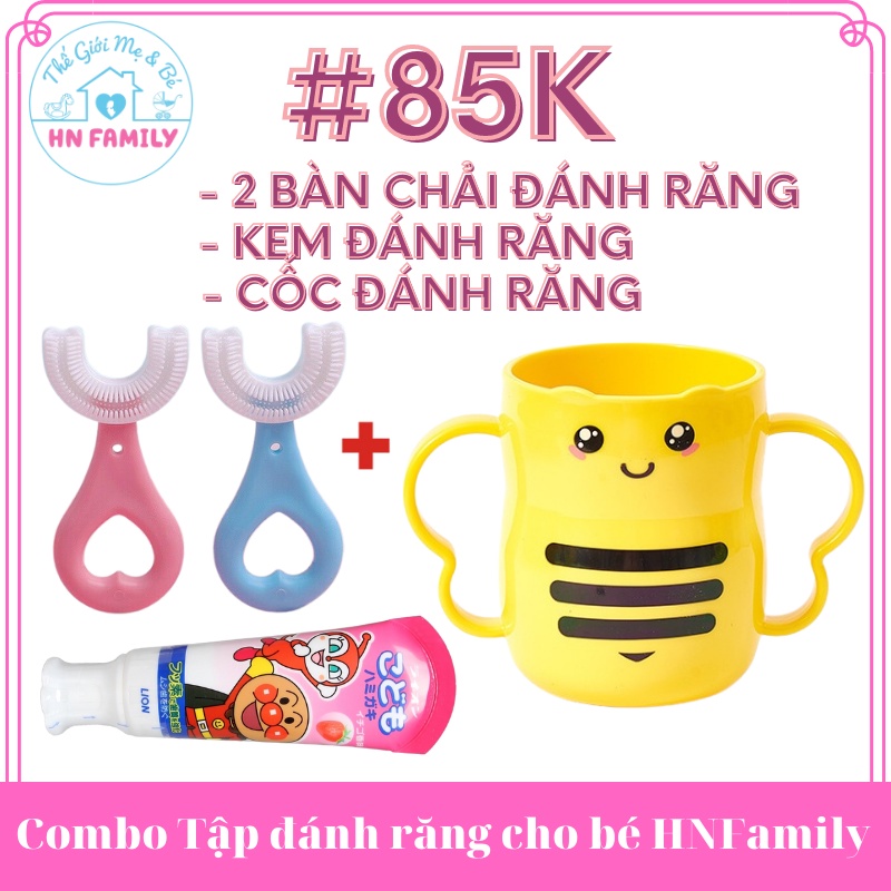 Combo Tập đánh răng cho bé HNFamily - Bàn chải đánh răng + Kem đánh răng + Cốc đánh răng an toàn cho bé từ 2-12 tuổi