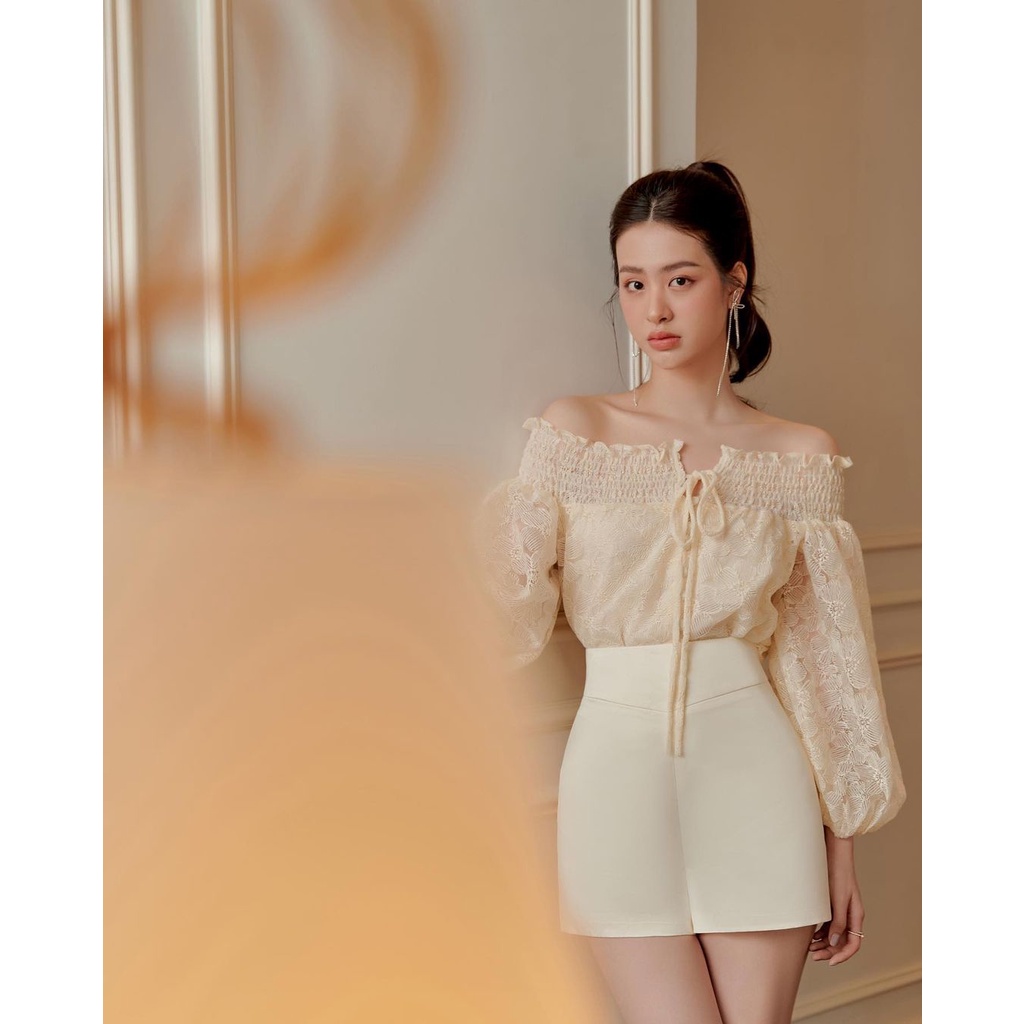Áo trễ vai tay bồng dài Linly Store chất tơ họa tiết A-TVNO2