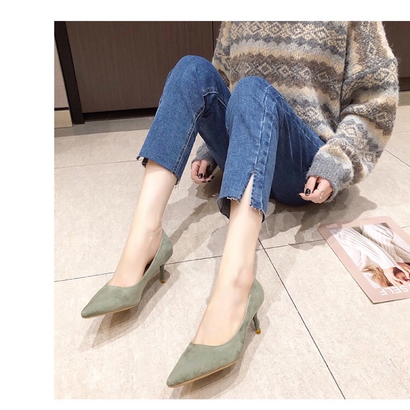 Giày cao gót Ulzzang mũi nhọn da lộn đế cao 5-7-9cm