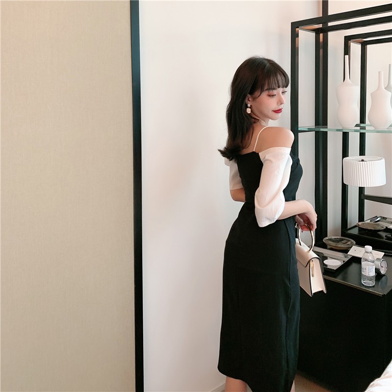 [CÓ SẴN] Váy body xẻ tà trễ vai tiểu thư retro Hàn Quốc