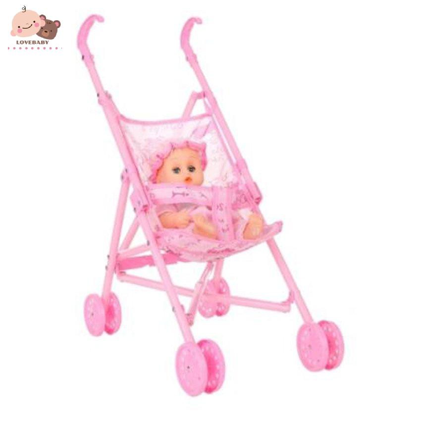 Đồ chơi xe đẩy em bé kèm búp bê 12 inch có thể gập lại làm quà cho bé