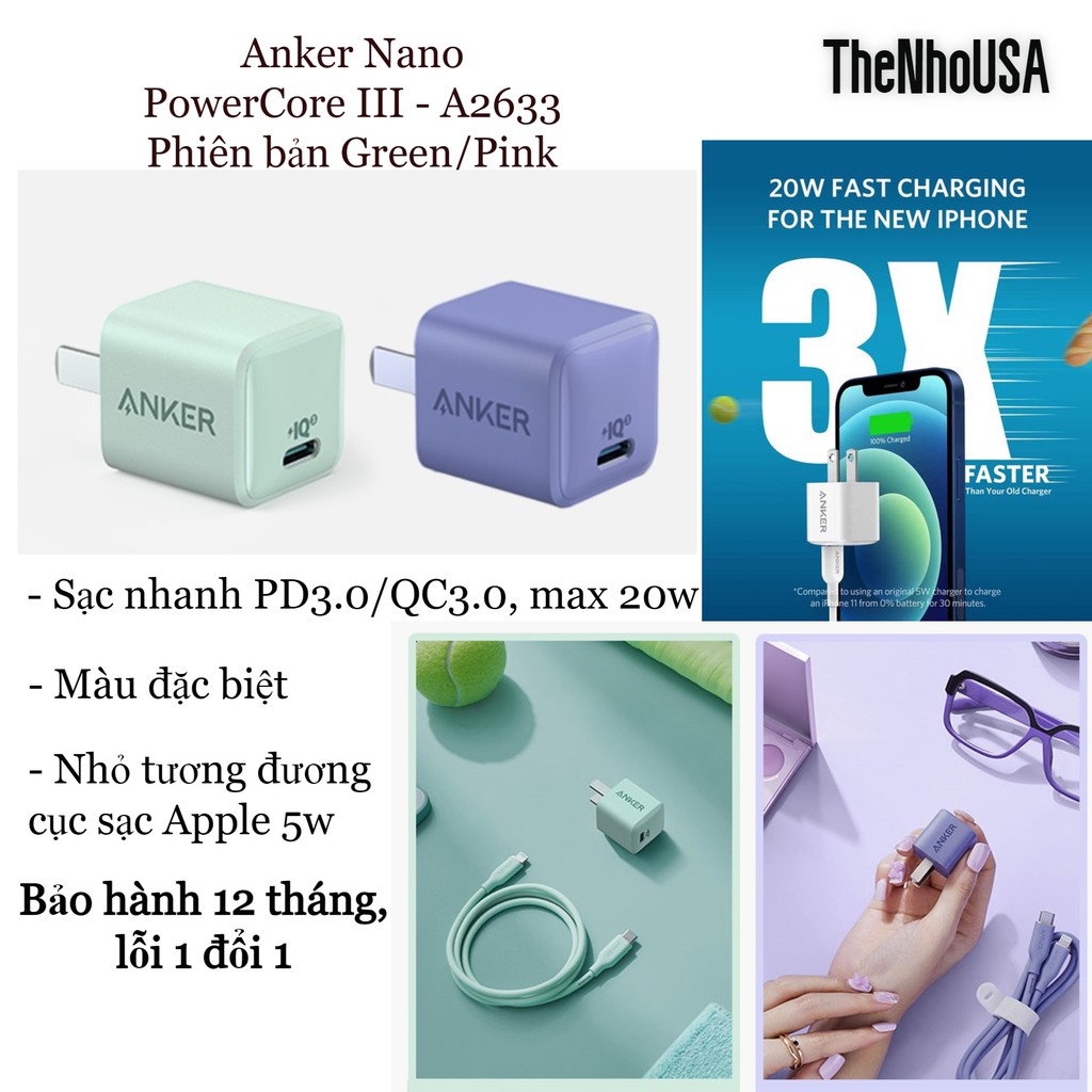 Sạc nhanh Anker PowerPort Nano Powercore III 20w - A2633_Green/Lavender Grey [BH 12T]