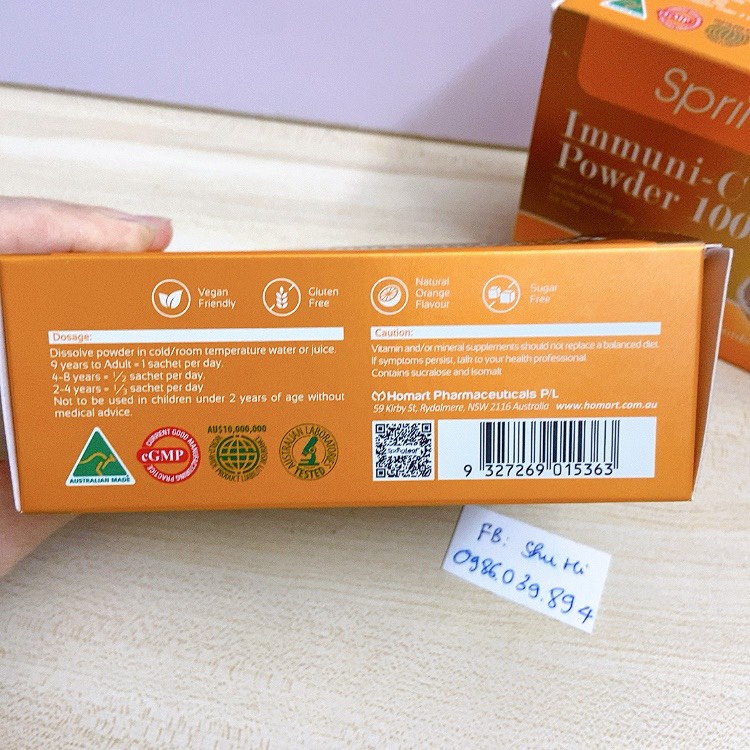 Vitamin c và kẽm cho bé từ 2 tuổi và người lớn dạng bột hộp 30 gói, spring leaf immuni c powder úc