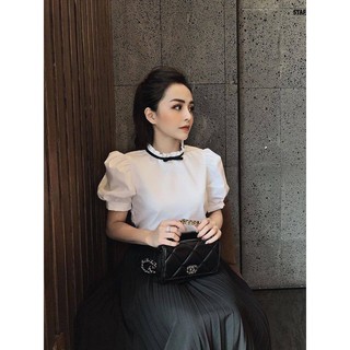 Sơ mi lụa cổ nơ viền đen