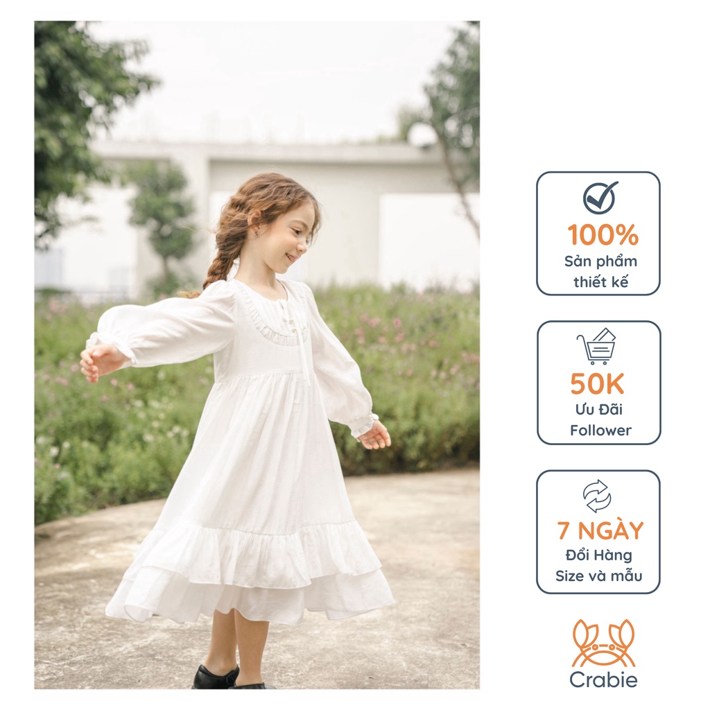 Váy tiểu thư cho bé CRABIE midi dài tay cổ tròn thắt nơ xinh xắn - Fiona Dress - Trắng