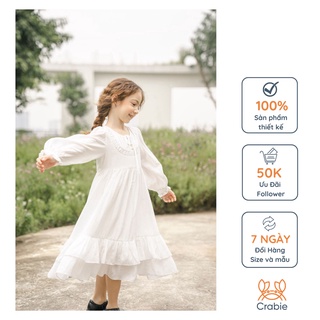 Váy tiểu thư cho bé CRABIE midi dài tay cổ tròn thắt nơ xinh xắn - Fiona Dress - Trắng