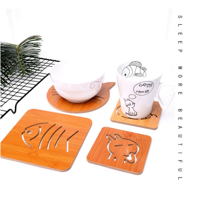 Lót nồi,ly bằng gỗ họa tiết đáng yêu (14.8cm x 14.8cm)- ( giá bán 1 cái)