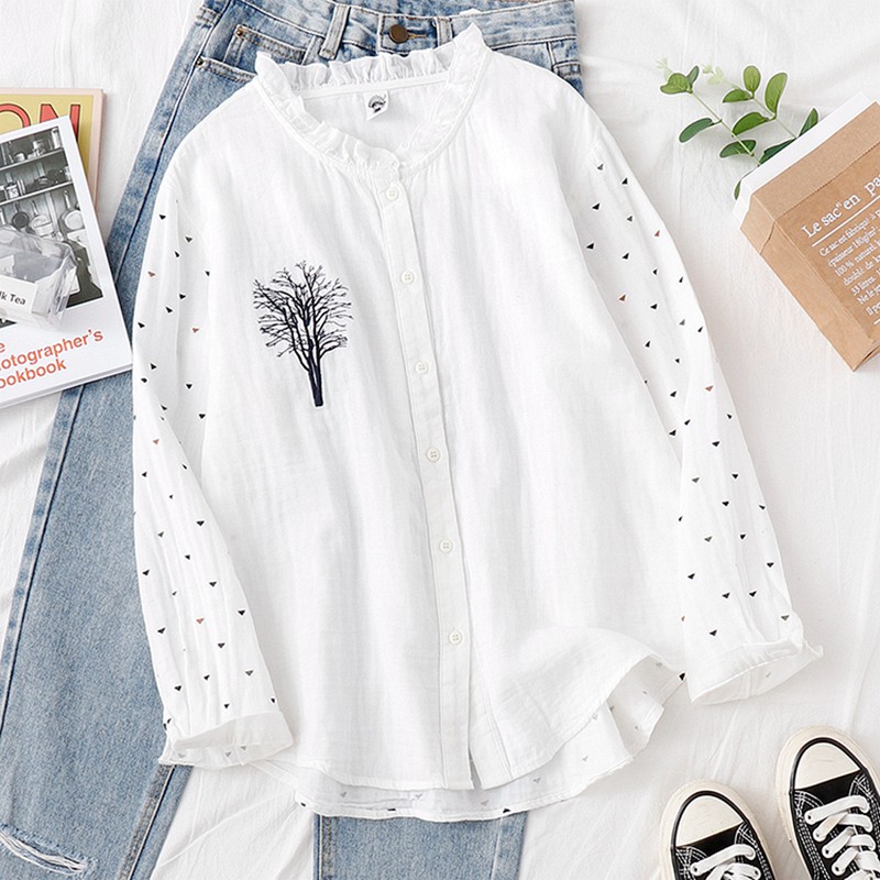 [ORDER] Áo somi vải cotton bông , thêu hoa xinh phong cách Nhật 2020