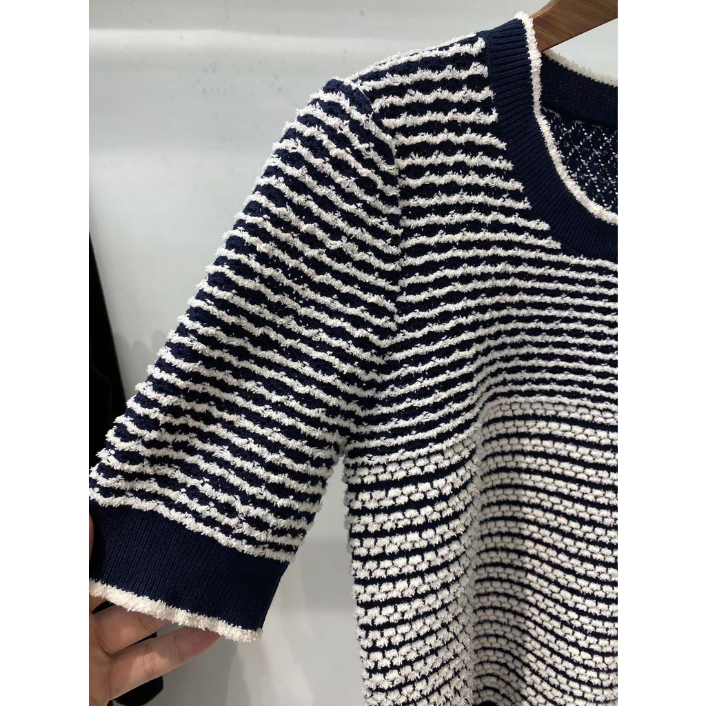 NSRM Maje French style 2022 spring and summer new women's striped hollow round neck design knitted T-shirt top MFPPU00488