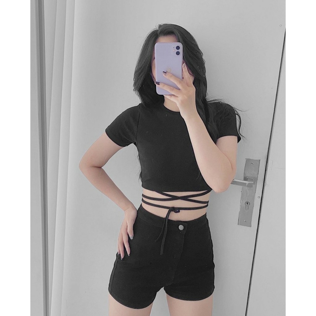 Áo Croptop nữ ngắn, Áo ngắn nữ đan dây eo croptop 2 màu đen-trắng