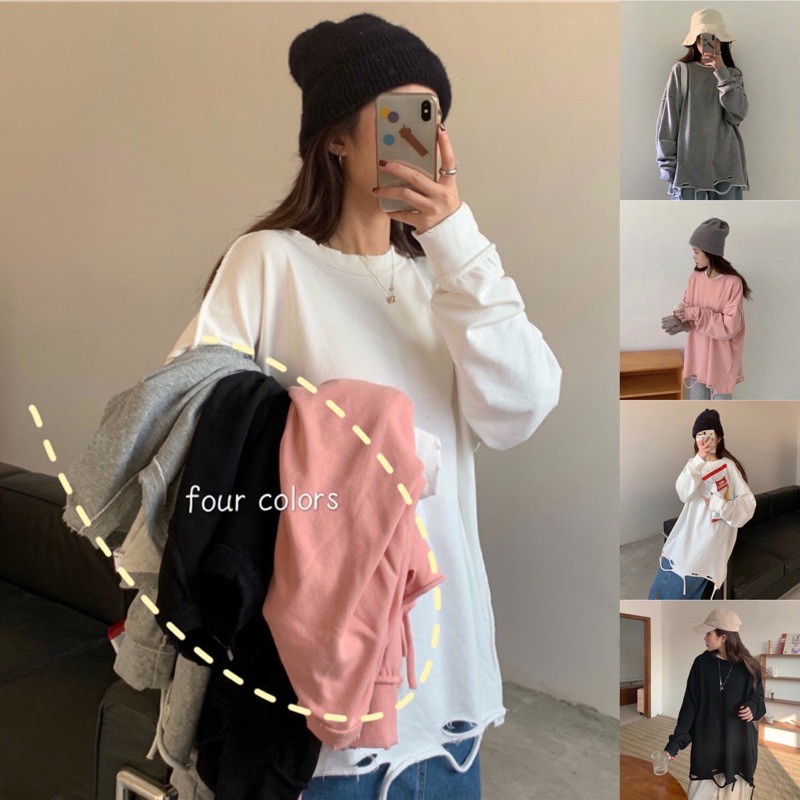 [ORDER] Áo nỉ sweeter trơn 4 màu rách đơn giản phong cách oversize