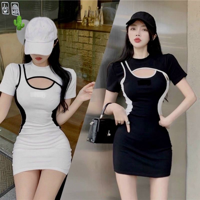 Đầm body phối viền nổi ngắn tay khoét ngực