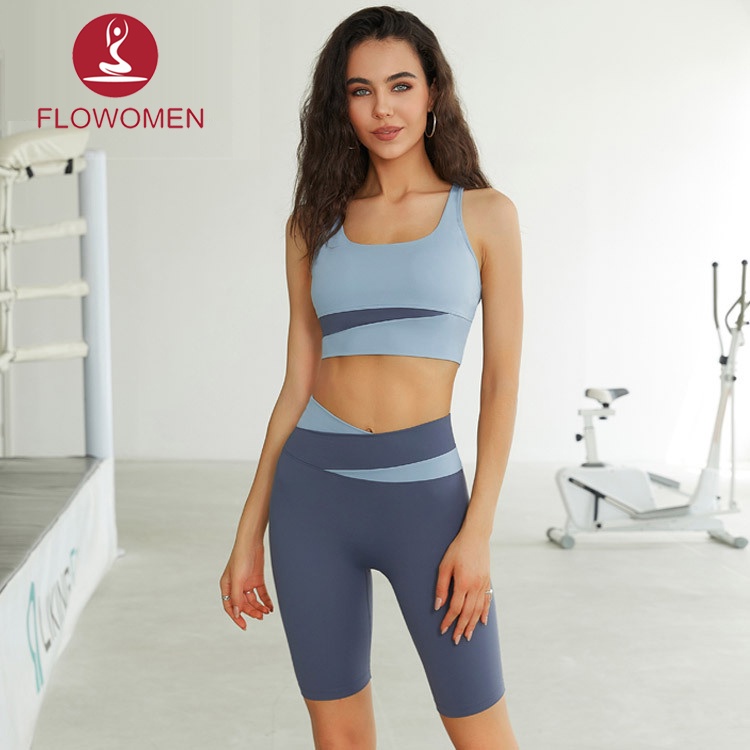 FLOWOMEN Quần đùi áo bra tập gym yoga nữ Set Đồ Tập Thể Thao Gồm Áo Ngực Tay Ngắn Nâng Ngực Và Quần Short Ôm Dáng Màu Sắc Tương Phản Dành Cho quần đạp xe