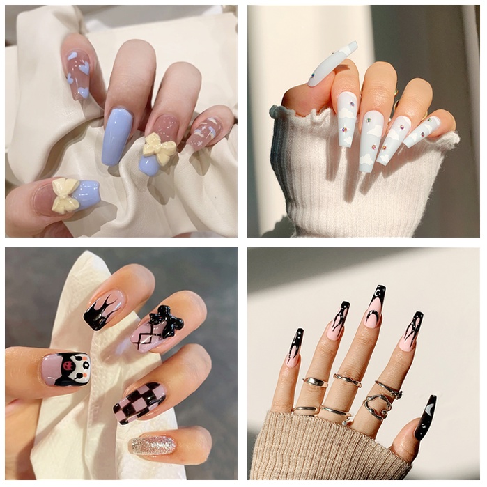Set 24 Móng Tay Giả Họa Tiết Hoạt Hình Phối Nơ Có Thể Tháo Rời Tiện Dụng