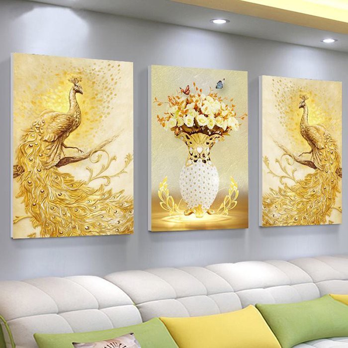 Bộ 3 tấm tranh canvas treo tường Lala Đôi Công Hoàng Kim trang trí phòng khách kèm đinh đa năng không cần khoan tường