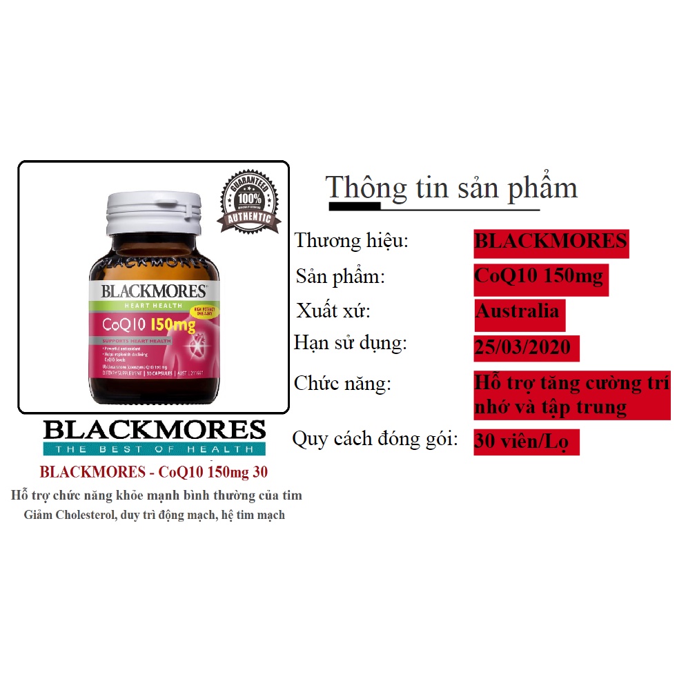 Thực phẩm chức năng Blackmores COQ10 150mg  hỗ trợ sức khỏe tim mạch lọ 30 viên