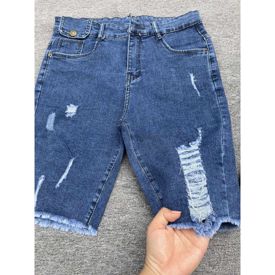Quần jeans ngố dành cho BigSize Lưng cao, co dãn mạnh, màu xanh đậm rách kiểu 4346 MLJ