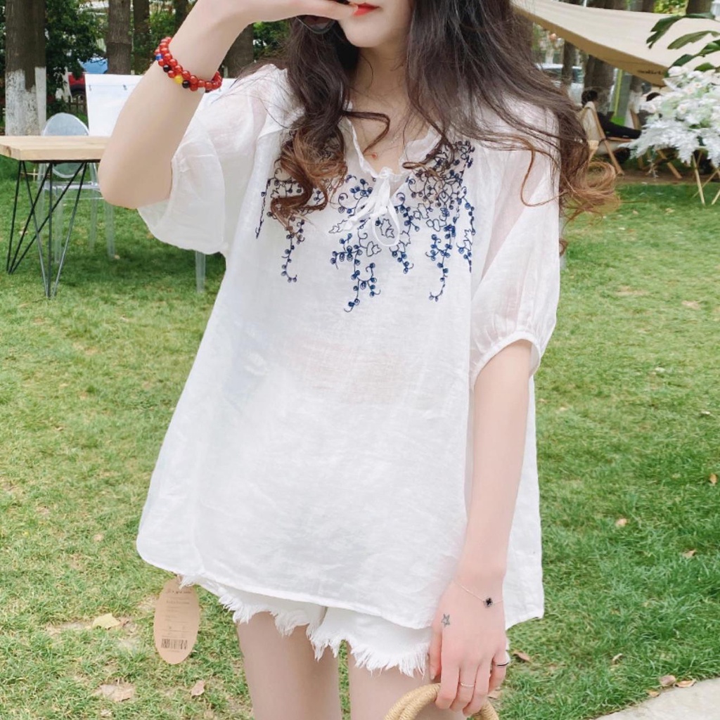 Áo Sơ Mi Dáng Rộng Cổ Tròn Thêu Họa Tiết Thời Trang Mùa Hè Hàn Quốc Mới Cho Nữ