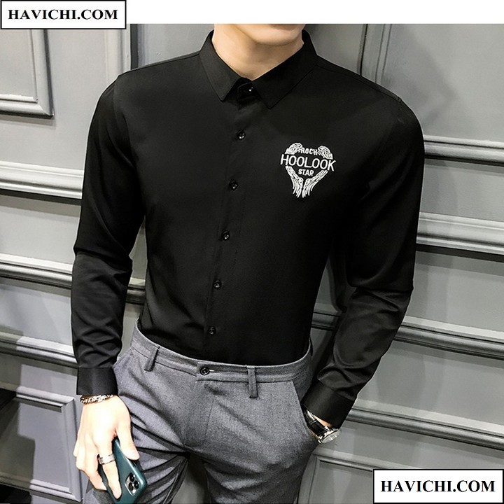 Áo sơ mi nam đen 💚𝗙𝗥𝗘𝗘𝗦𝗛𝗜𝗣💚 Sơ mi nam đen công sở thêu💝 hoolook thoáng mát, không nhăn đi chơi sinh nhật đám cưới