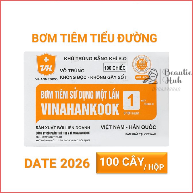 Hộp 100 bơm tiêm tiểu đường Vinahankook 1ml 100IU 30G 13mm tiêm meso