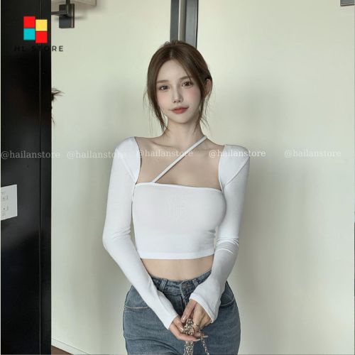Áo croptop ❤️ Áo thun nữ tay dài ôm body chất borip co dãn dây chéo cổ phong cách Ulzzang hottrend Hải Lan TA22