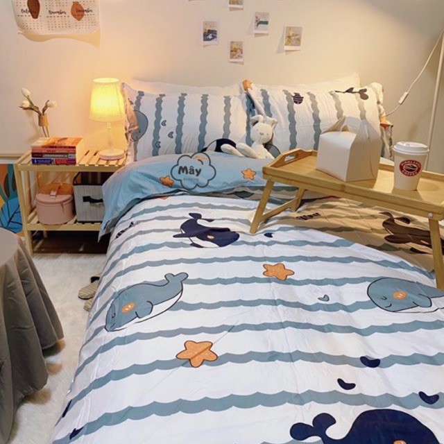 Bộ chăn ga gối Cotton Poly hoạ tiết hoa nhí động vật đáng yêu màu xanh MÂY BEDDING đủ kích thước nệm