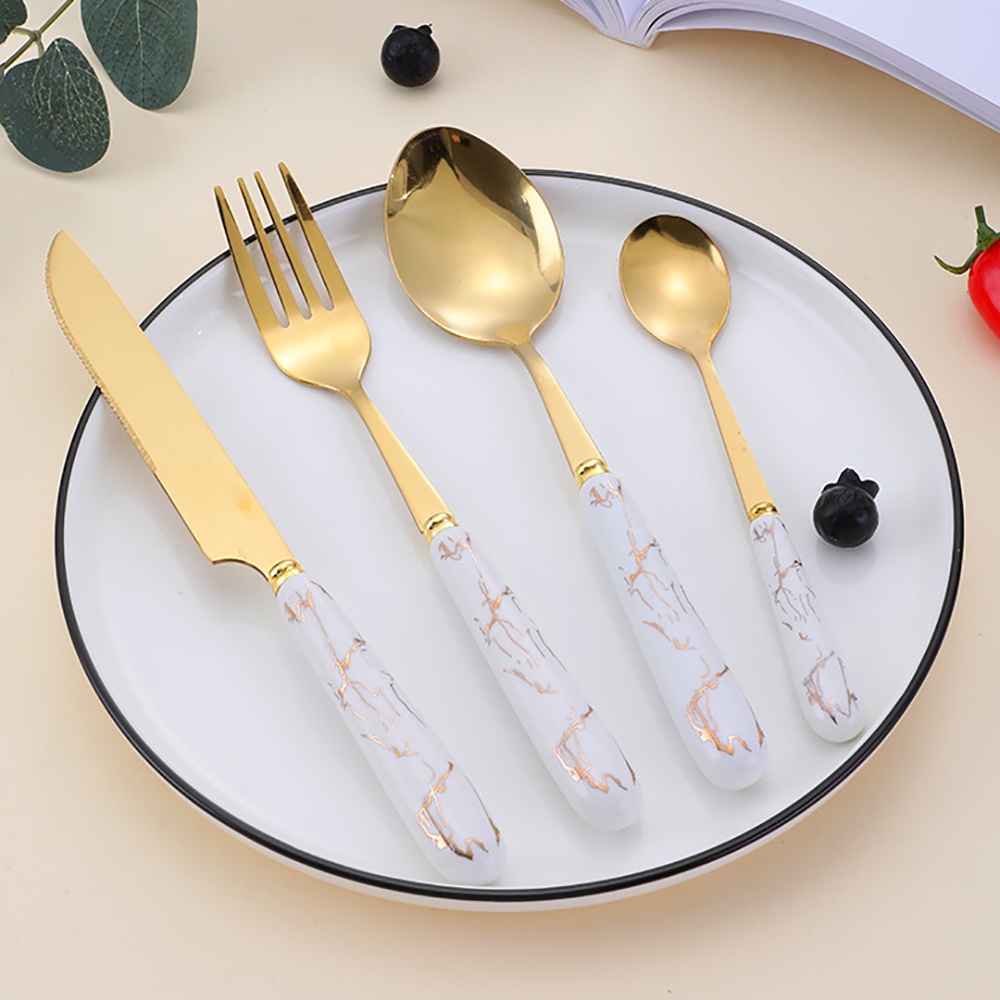 Dao thìa nĩa kèm giá treo bộ 25 món mạ vàng vân đá – VS183