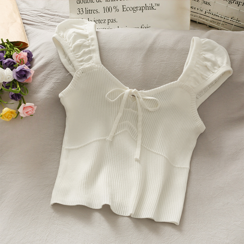 Áo Dệt Kim Không Tay Cổ Chữ V Phối Ren Xinh Xắn Dành Cho Nữ